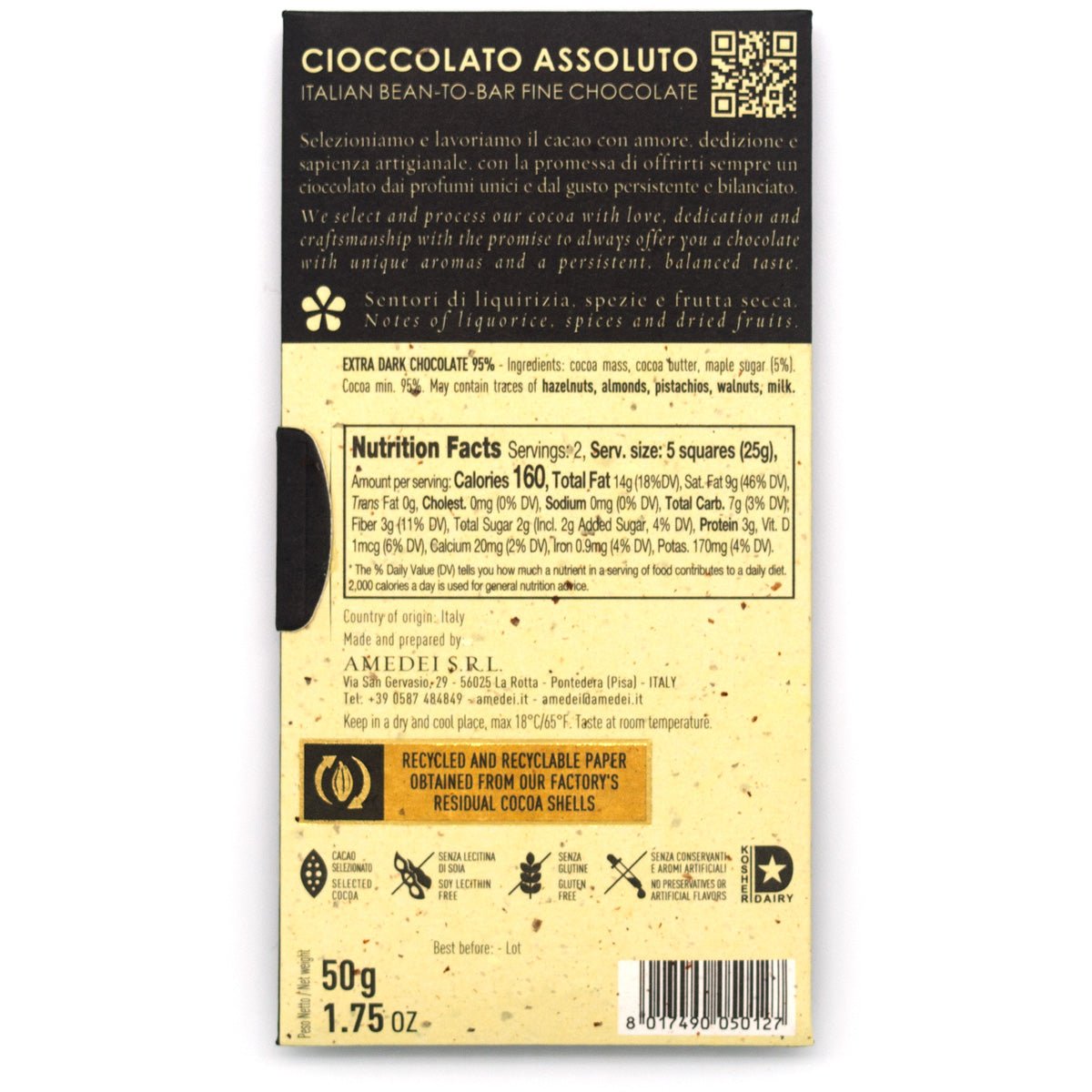 Back of Amedei Acero 95% chocolate bar packaging with text and nutritional information on a white background