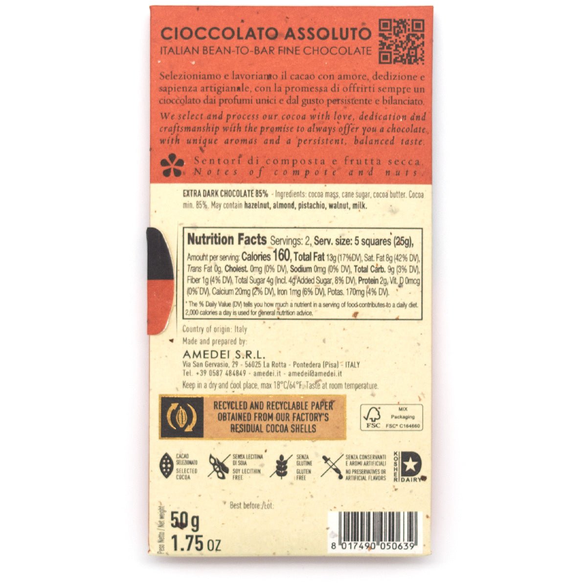 Amedei Grenada 85 % Chocolate bar packaging with nutritional information and branding on a white background