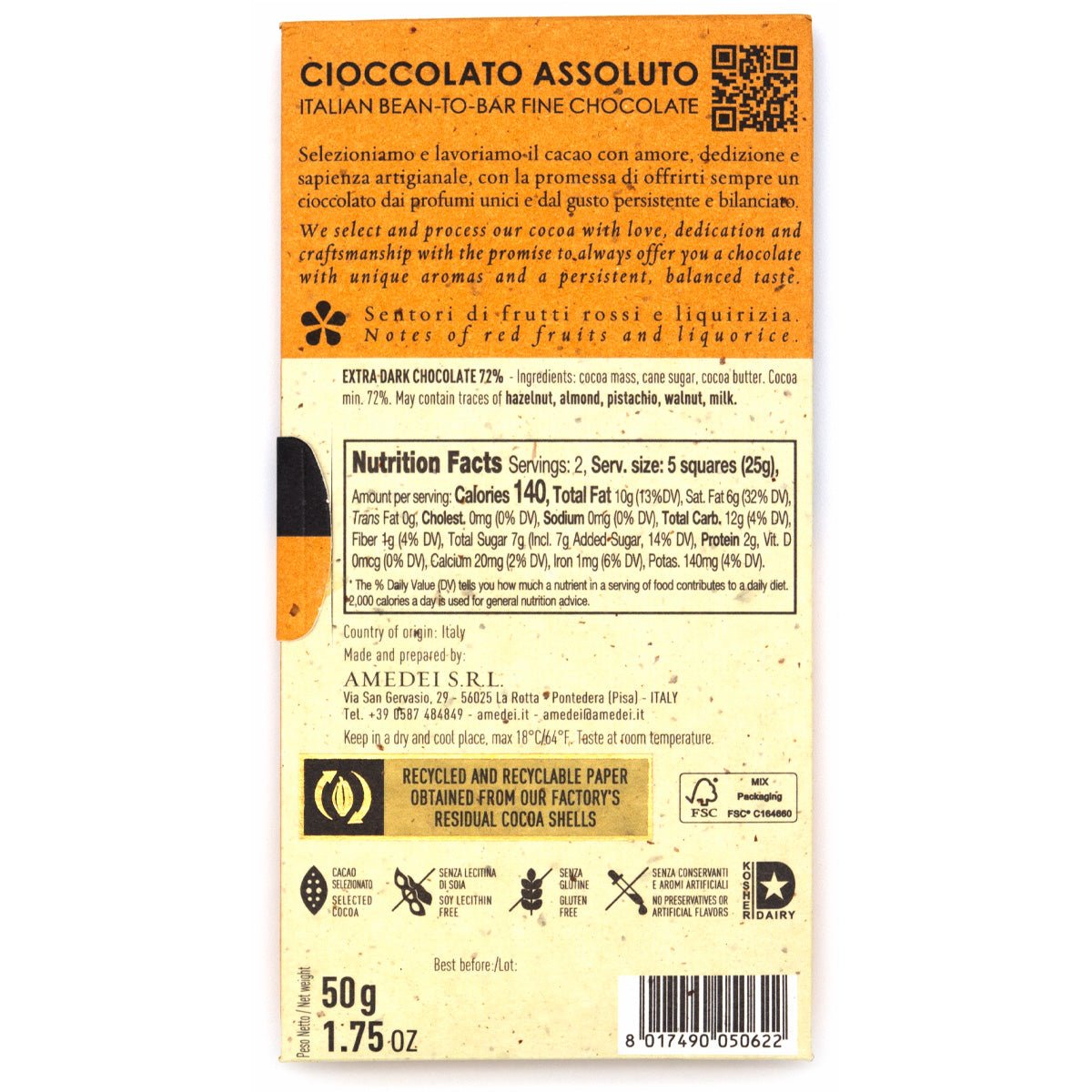 Amedei Madagascar 72% Chocolate bar packaging with text and nutrition facts on a white background