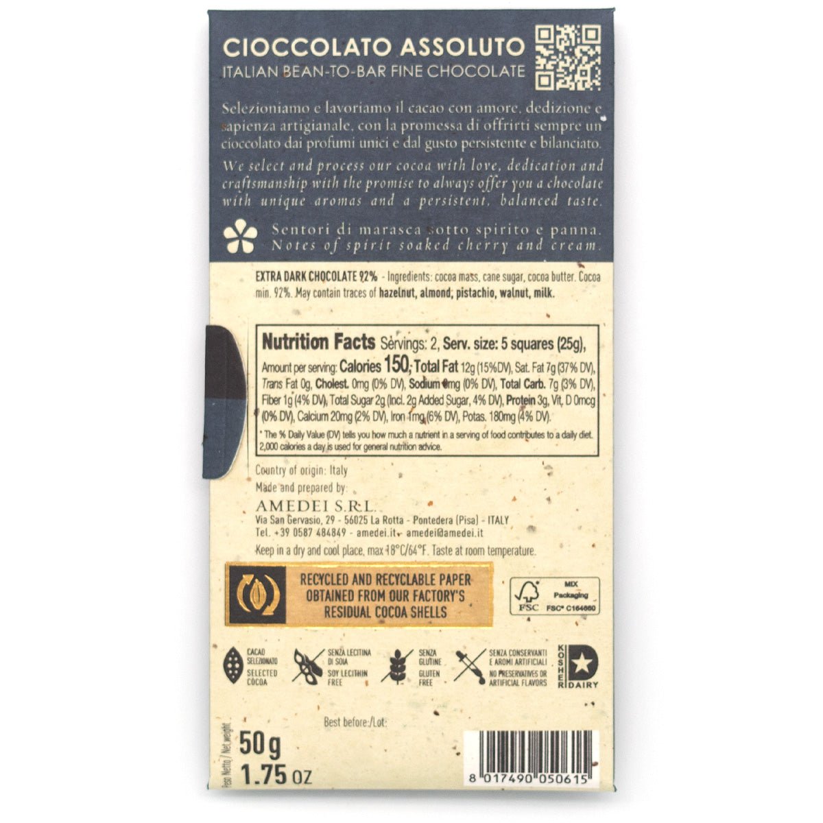 Back of Amedei Venezuela 92% chocolate bar packaging with text and nutritional information.