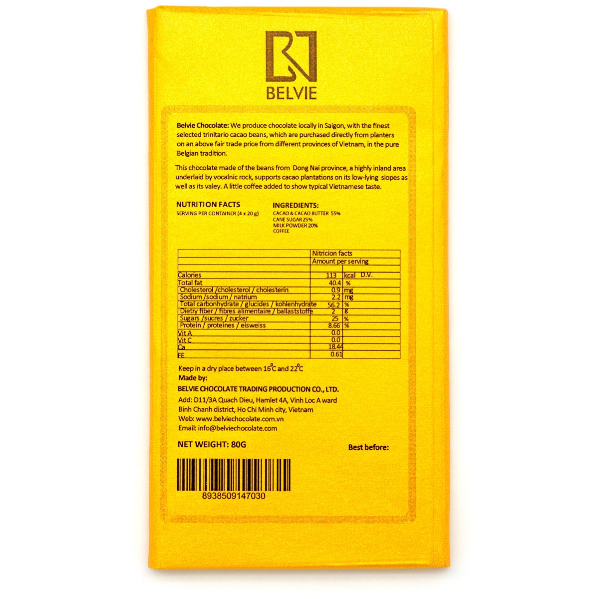 Yellow Belvie chocolate bar packaging on a white background