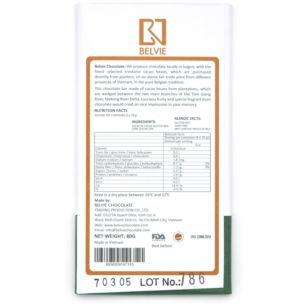 Belvie chocolate bar packaging with nutritional information and ingredients on a white background