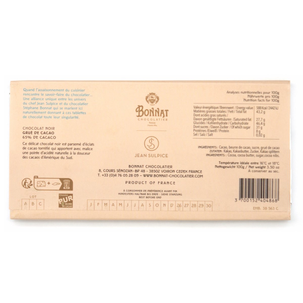 Back of a Bonnat chocolate bar packaging with text and branding.