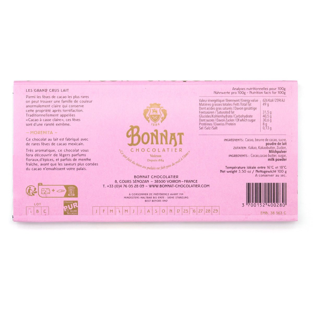 Pink chocolate bar packaging with Bonnat Chocolatier branding on a white background