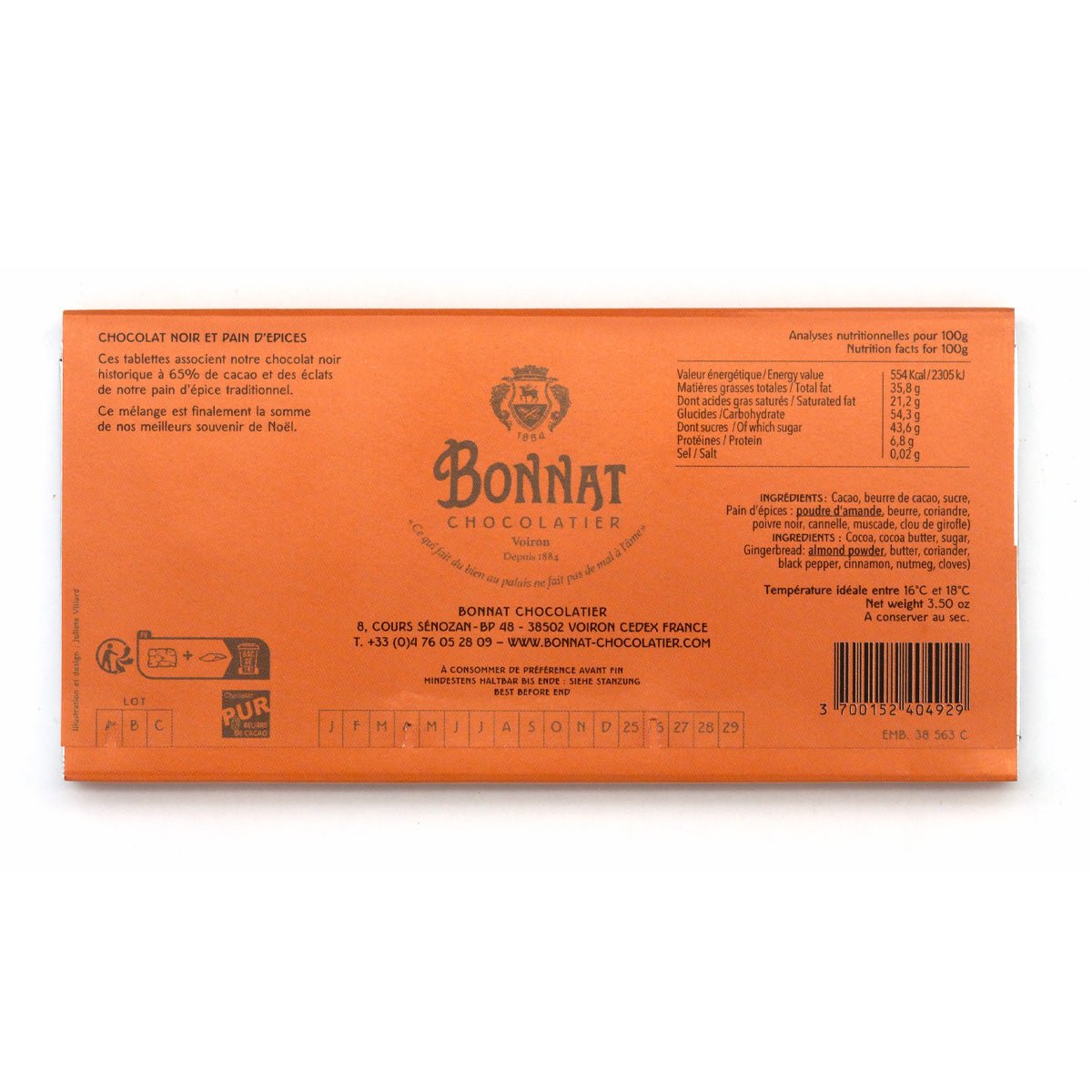 Orange Bonnat Chocolatier packaging with branding and text on a white background