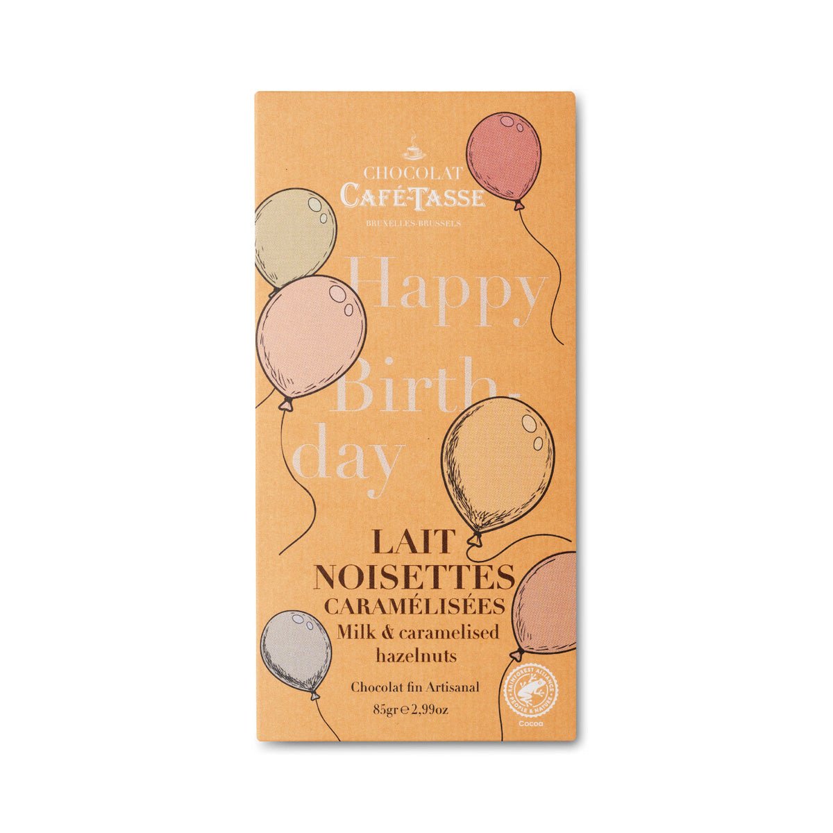 Café-Tasse Lait aux Noisettes Caramelisees 'Happy Birthday' 38% Milk Chocolate & Hazelnuts Bar - 85g