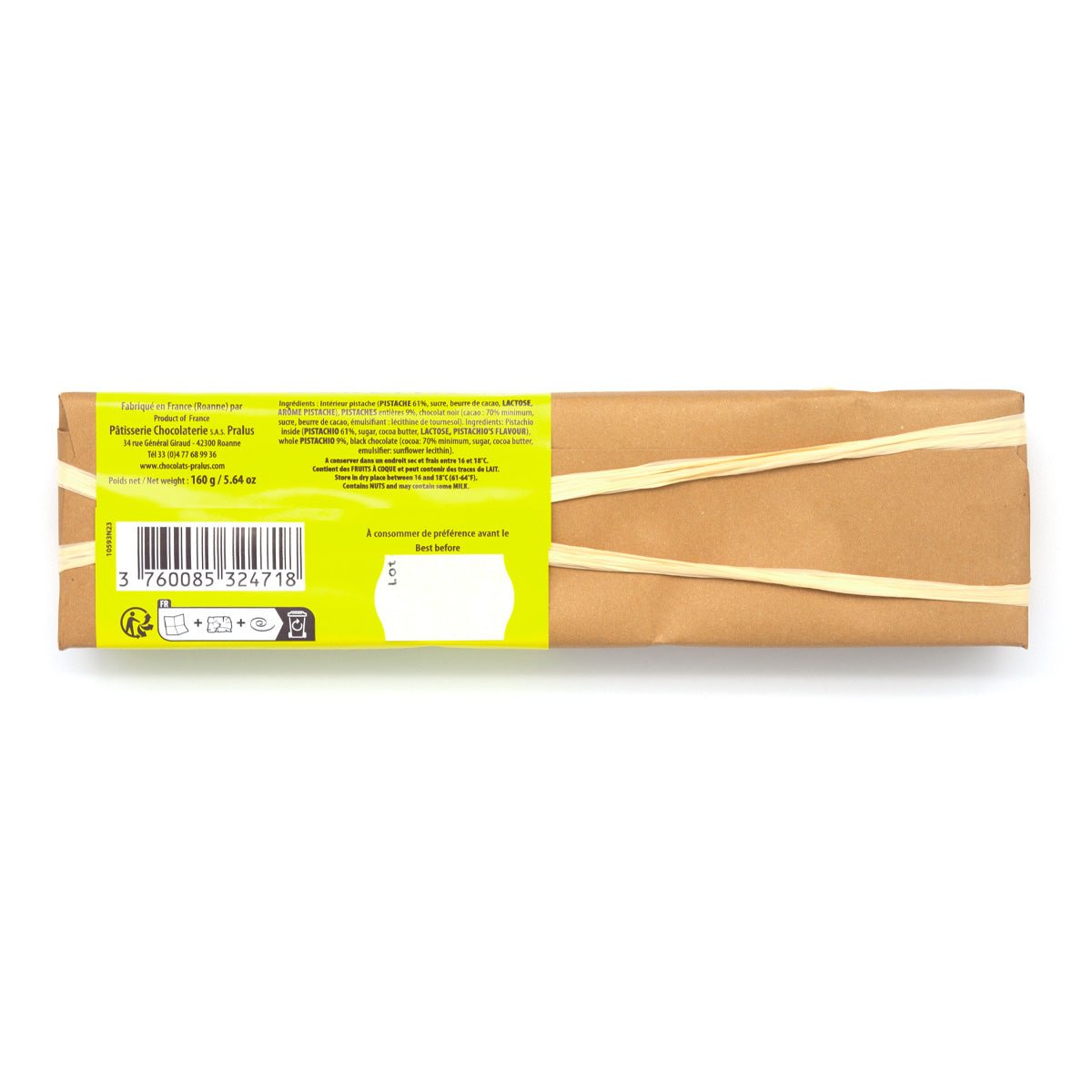 Pralus Infernale Pistachio 75% Dark Chocolate with Pistachio Bar - 160g