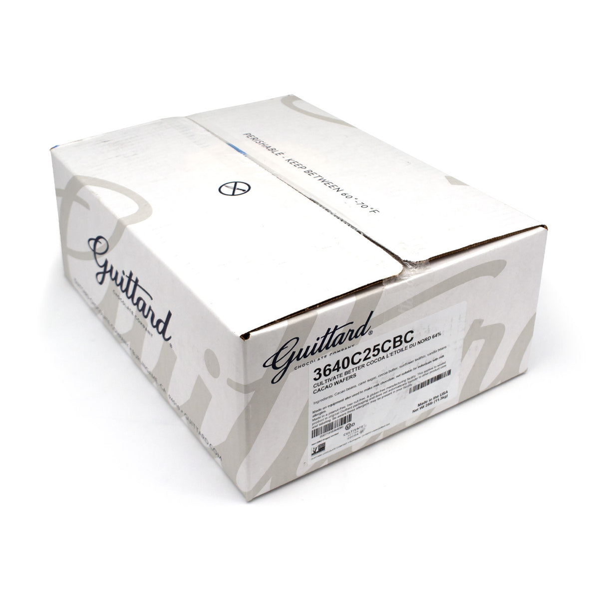 A white cardboard box for Guittard brand, featuring the brand name in black script and a product code label '3640C25CBC' on the front, set against a plain white background.