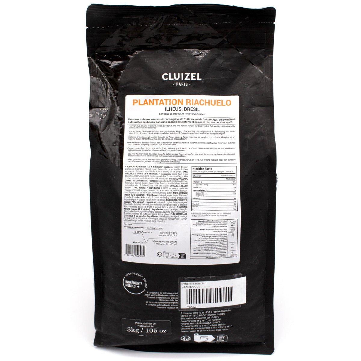 Black chocolate bag with Cluizel branding and plantation information on a white background