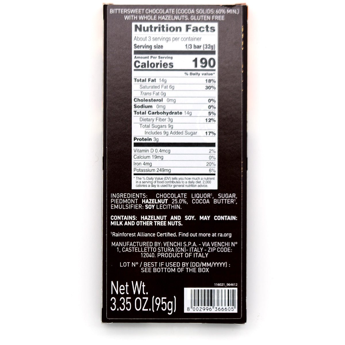 Venchi Nocciolata Fondente 60% Dark Chocolate & Hazelnuts Bar - 95g (Past Date)