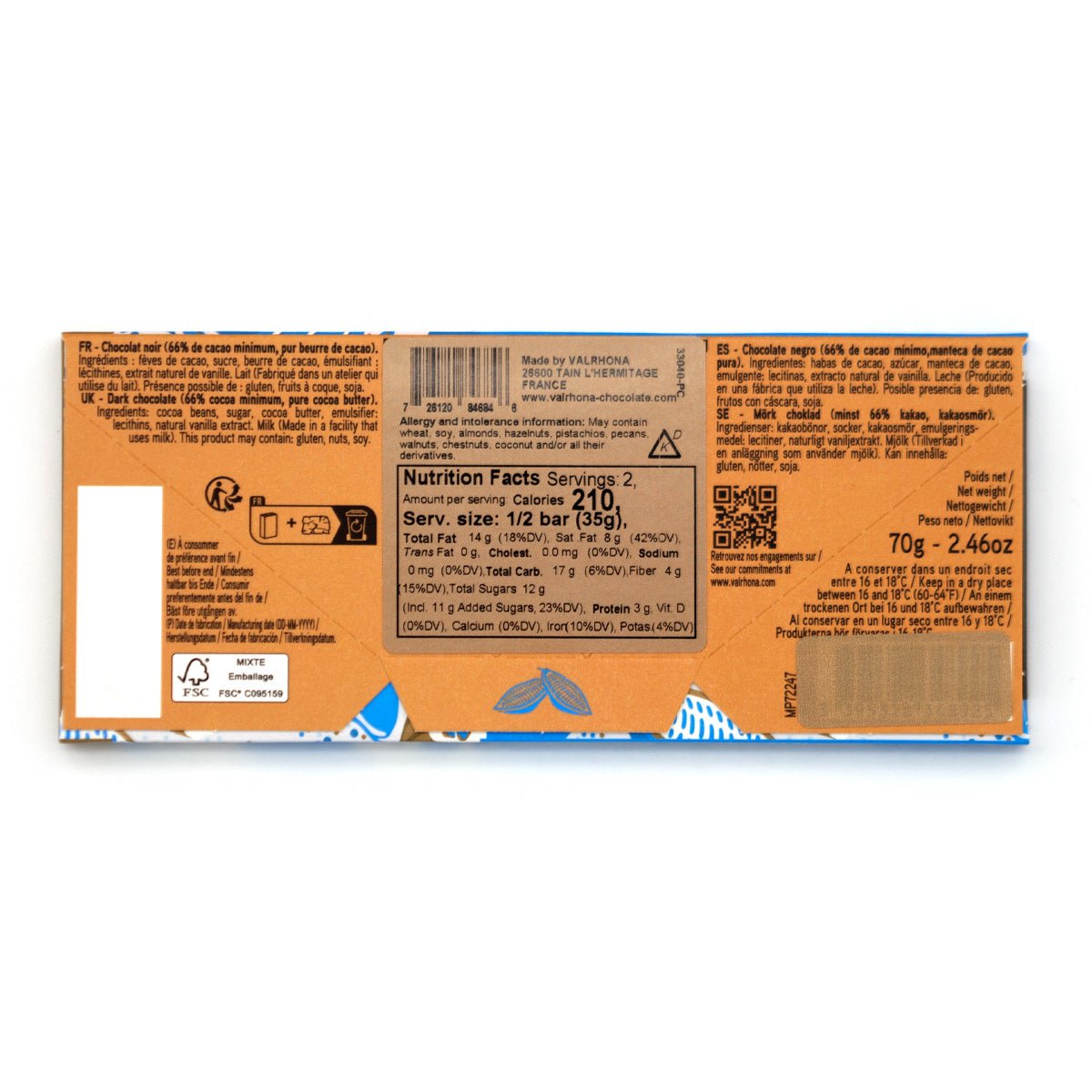 Back view of a chocolate bar packaging with nutritional information on a white background