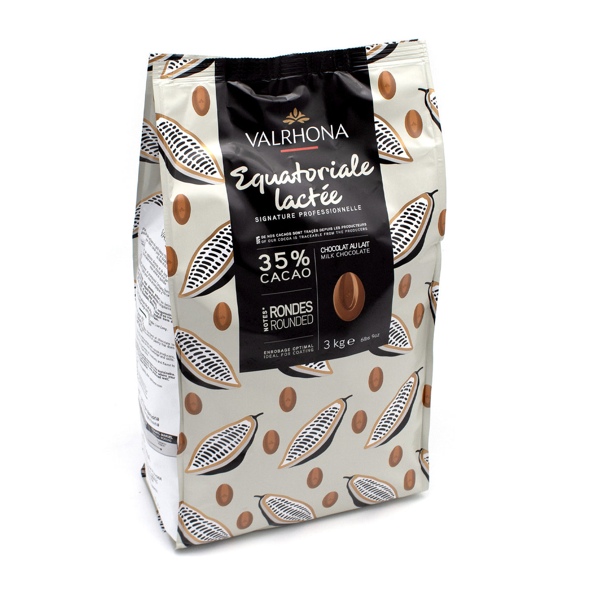 A 3 kg bag of Valrhona Equatoriale Lactée chocolate (35% cacao) on a clean white background.
