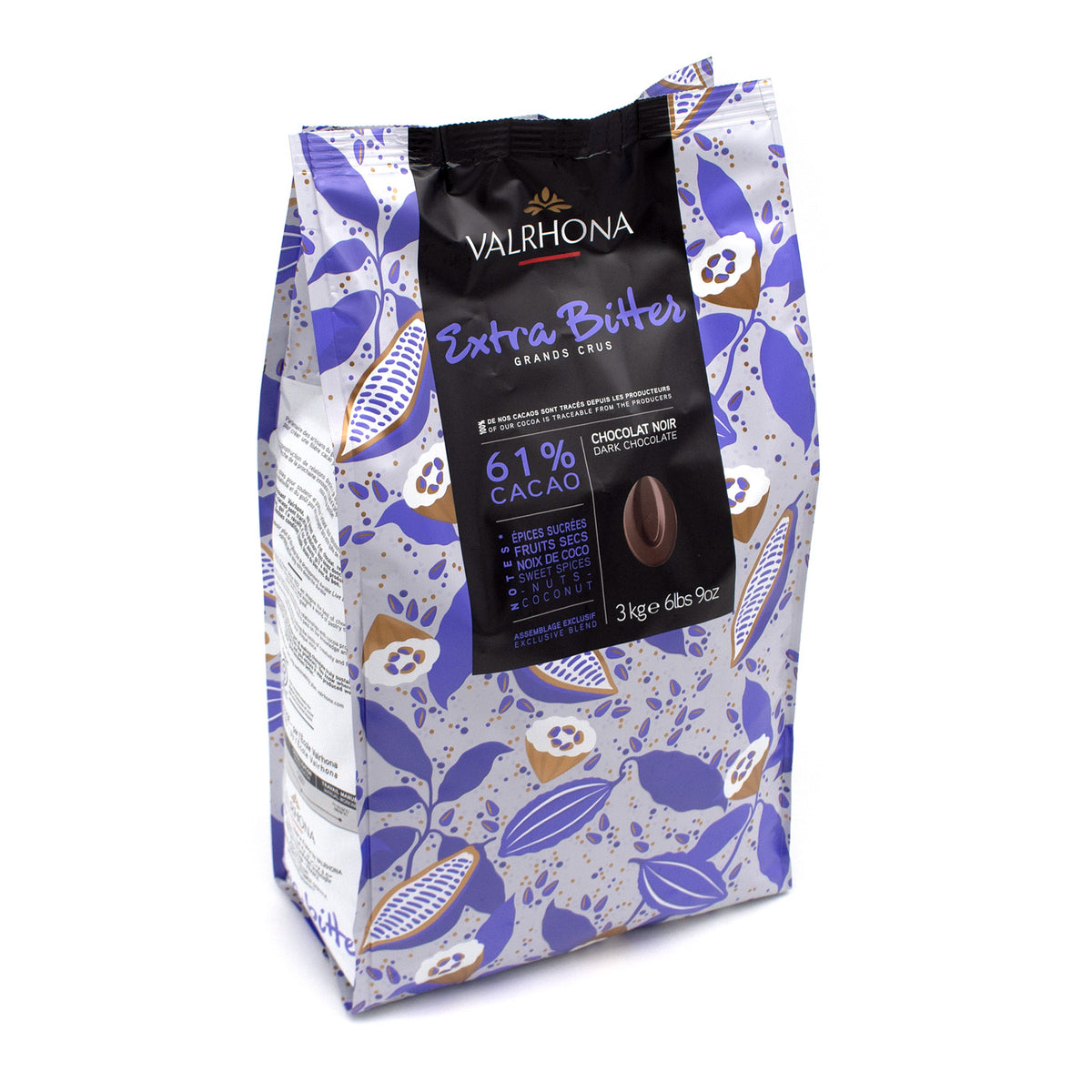 A 3 kg bag of Valrhona Extra Bitter Grands Crus 61% Cacao chocolate, featuring a silver and purple patterned design with a black central label.