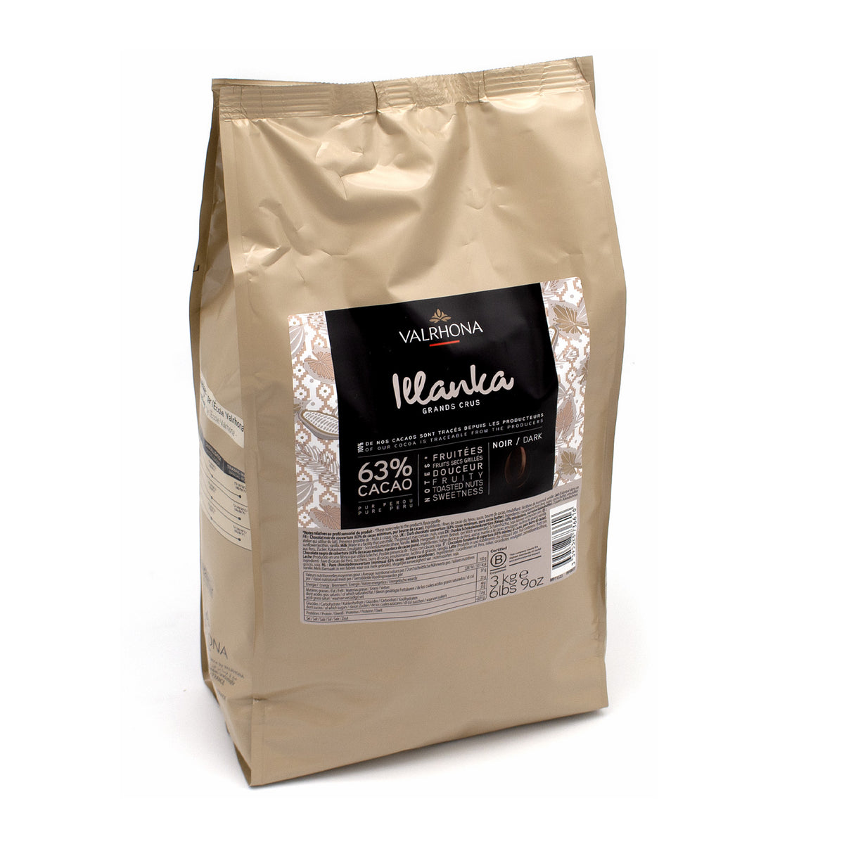 A 1kg bag of Valrhona Illanca 63% Cacao chocolate in a metallic gold pouch with a black and white label, photographed on a white background.