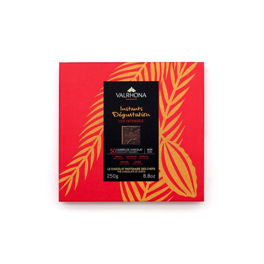Valrhona chocolate packaging with red and yellow design on a white background