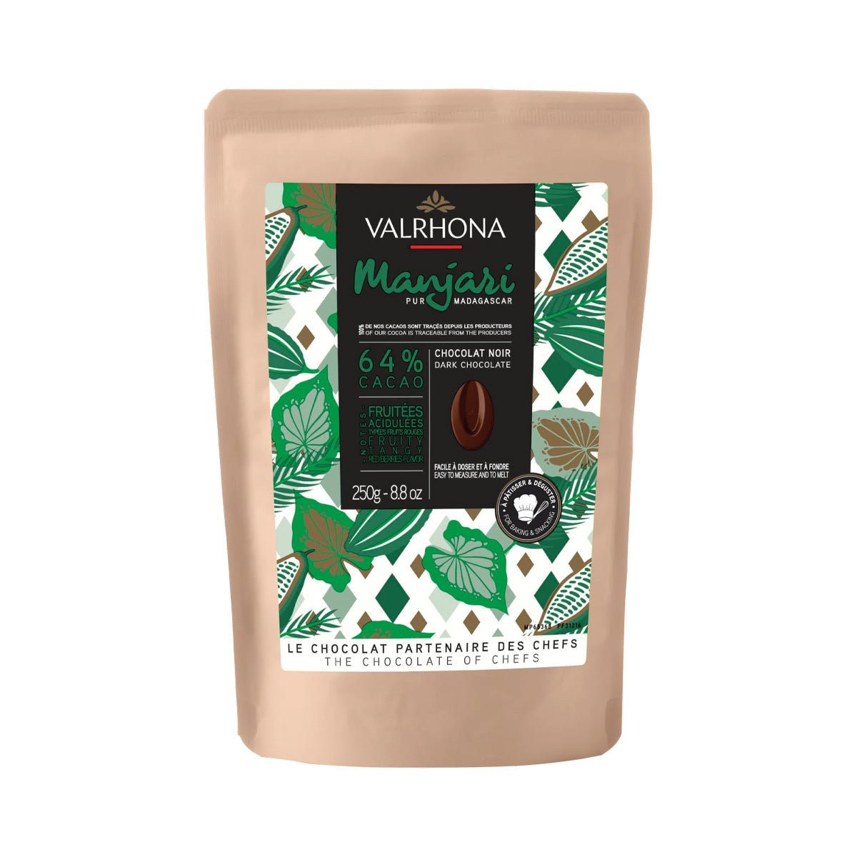 Valrhona Manjari chocolate packaging with leaf pattern on a white background