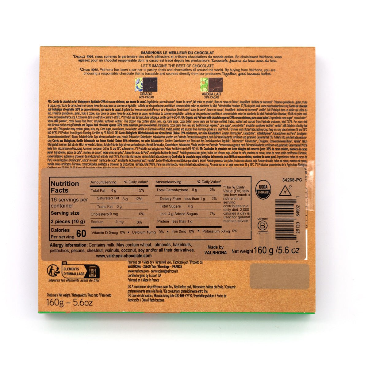 Back of a chocolate packaging with nutritional information and branding on a white background