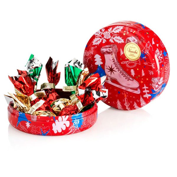Venchi Anna Higgie Round Metal Tin with Milk & Dark Chocolate Comets- 7 pc - 86g (Past Date)