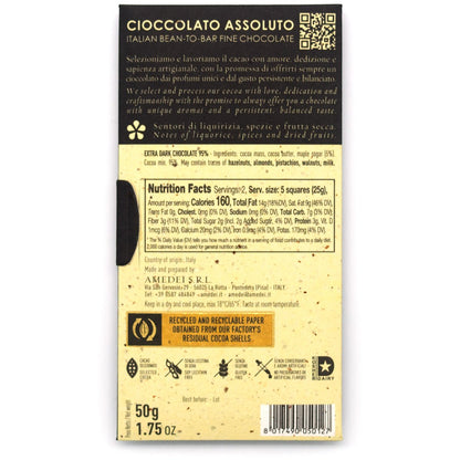 Back of Amedei Acero 95% chocolate bar packaging with text and nutritional information on a white background