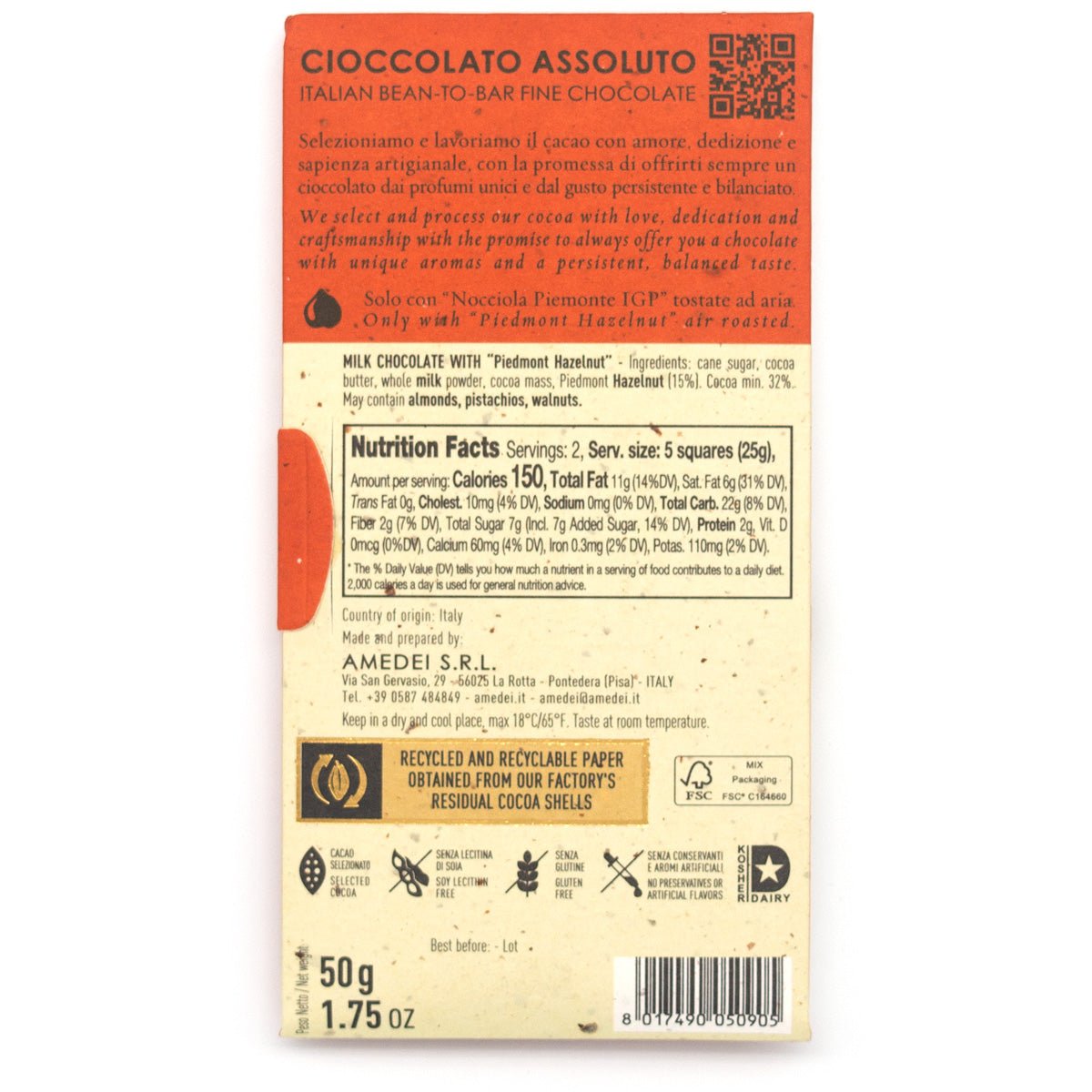 Amedei Cioccolato al Latte con Nocciole 32% Milk Chocolate & Hazelnut Bar - 50g (Past Date)