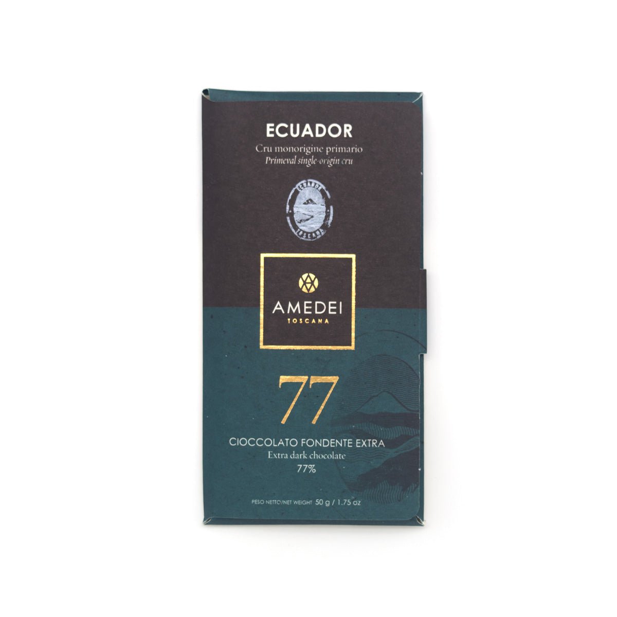 Amedei Ecuador chocolate bar packaging on a white background