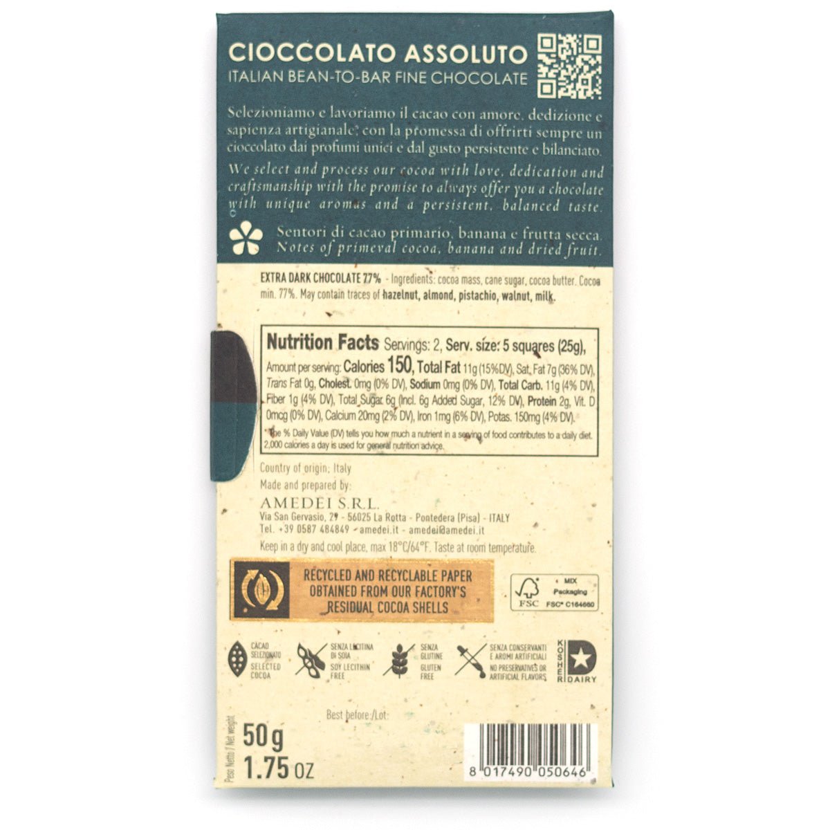 Amedei Ecuador 77% Chocolate bar packaging with nutritional information and branding on a white background
