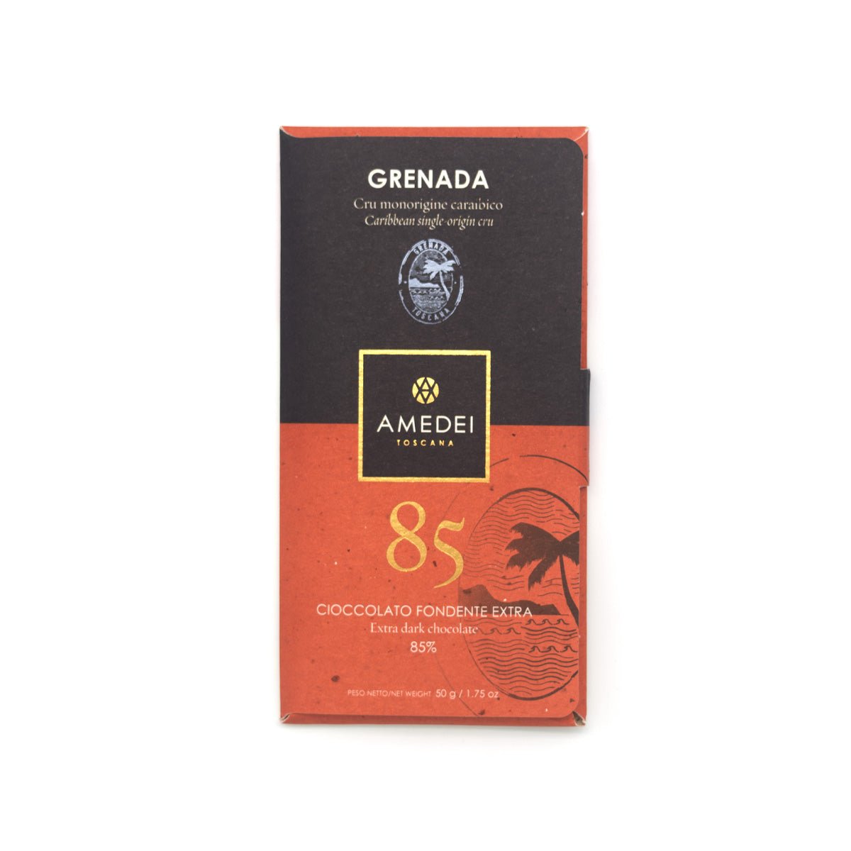 Amedei Grenada 85% chocolate bar packaging on a white background