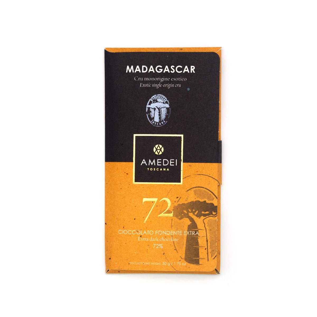 Amedei Madagascar 72% chocolate bar packaging with black and orange design on a white background
