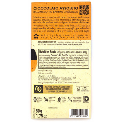 Amedei Madagascar 72% Chocolate bar packaging with text and nutrition facts on a white background