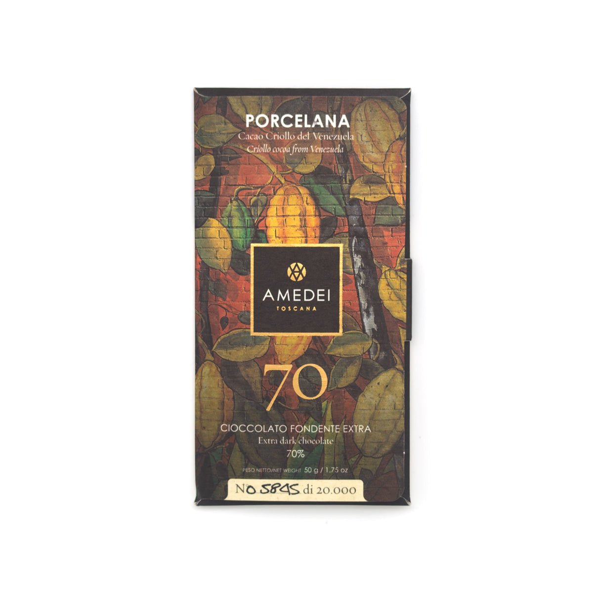 Amedei Porcelana chocolate bar packaging with cacao tree design on a white background
