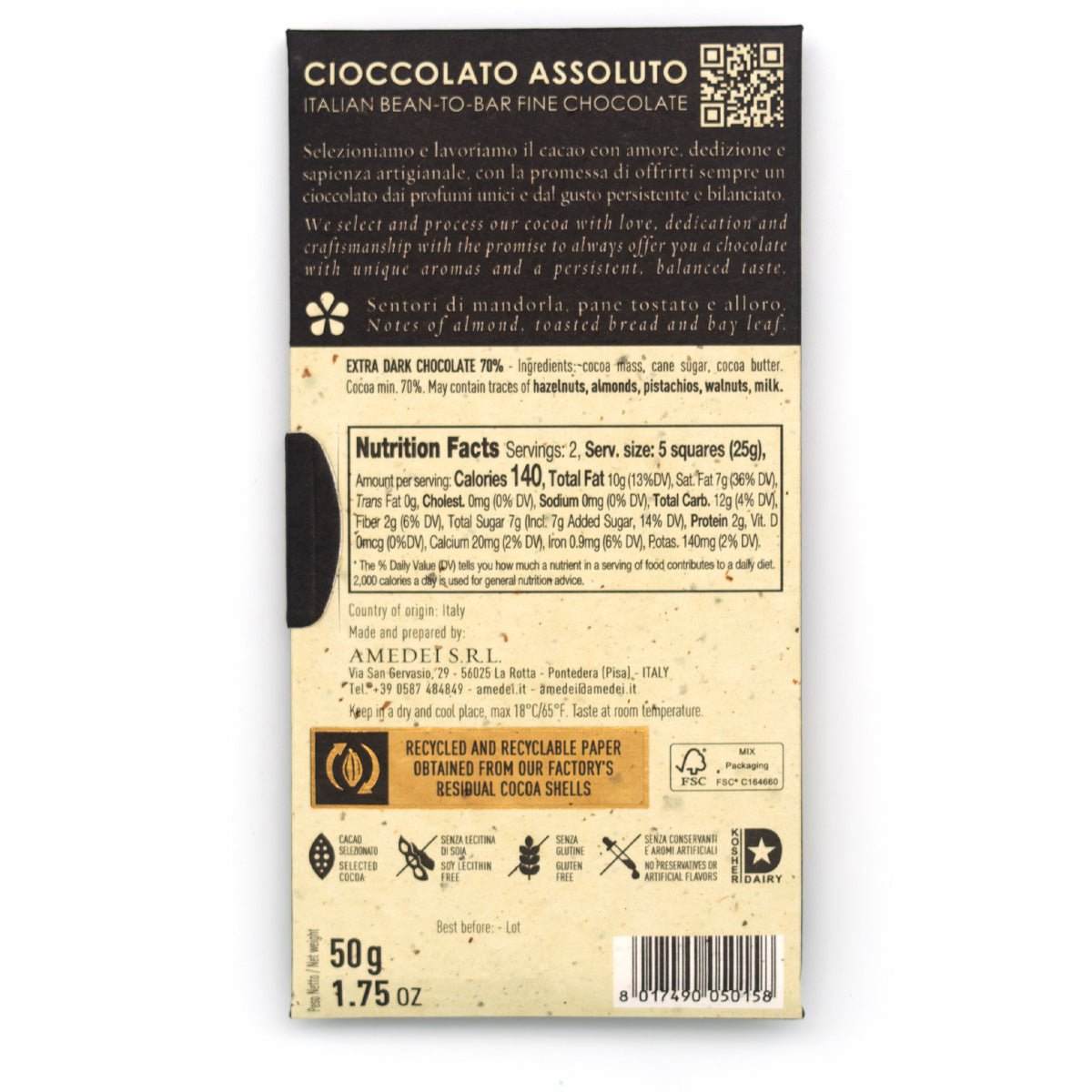 Amedei Porcelana Chocolate bar packaging with nutritional information and branding on a white background