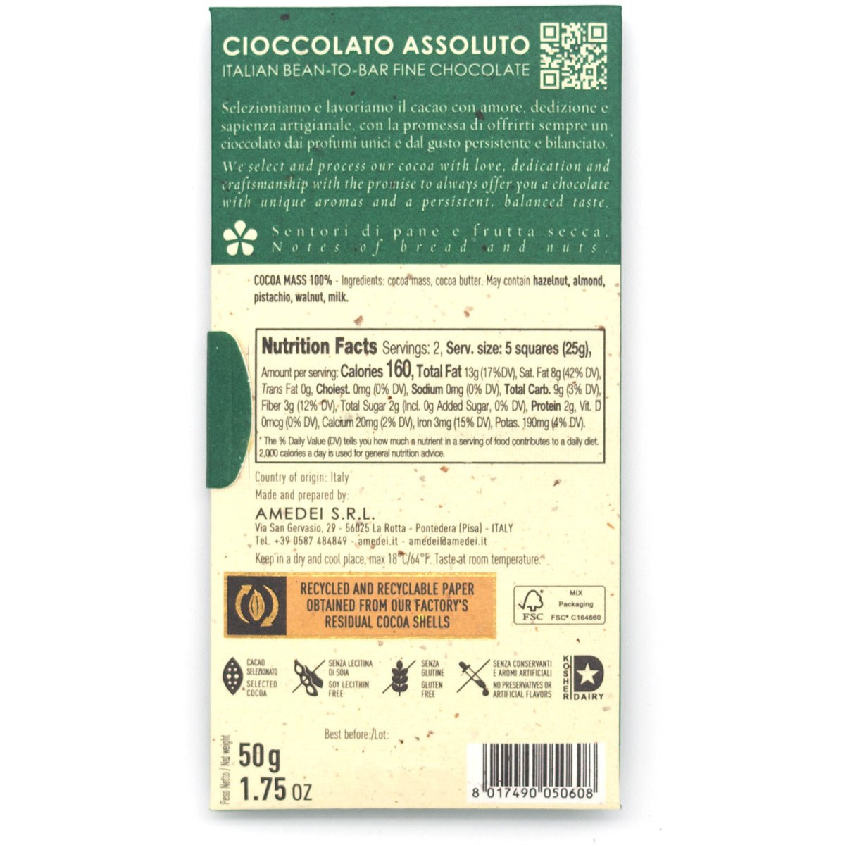 Amedei Toscano Black 100% chocolate bar packaging with nutritional information and branding details.