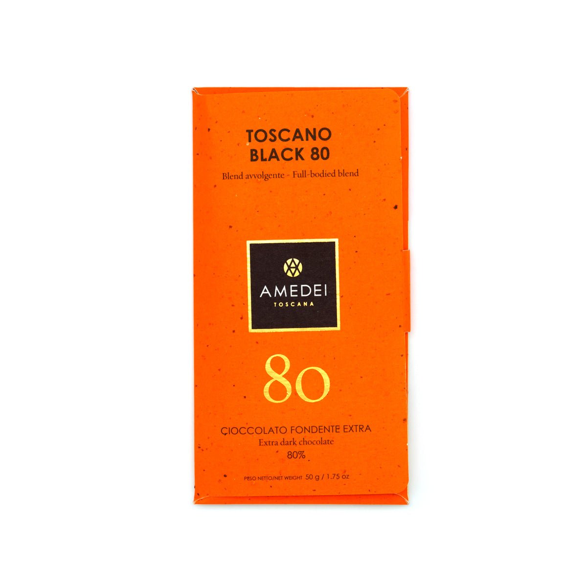 Amedei Toscano Black 80% Dark Chocolate Bar packaging, predominantly orange with product information and brand logo.