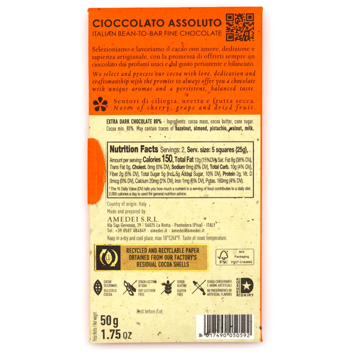 Back of Amedei Toscano Black 80% chocolate bar packaging with text and nutrition facts on a white background