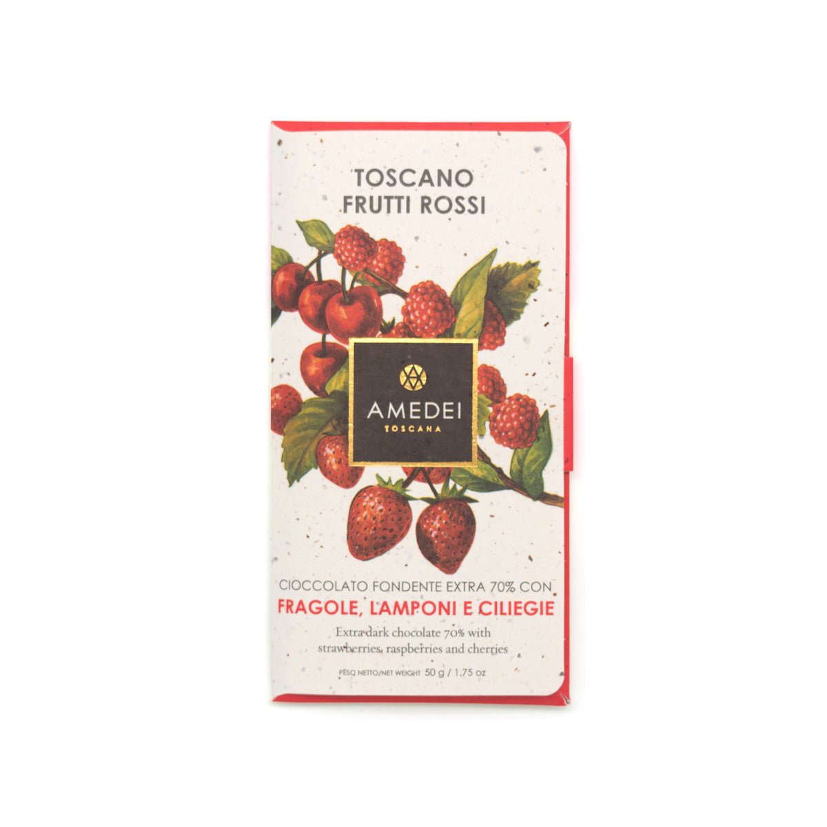 Amedei Toscano Frutti Rossi chocolate packaging with fruit illustration on a white background