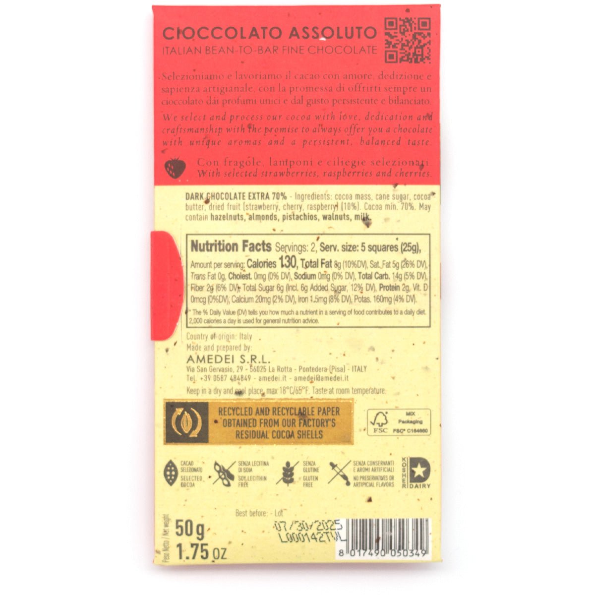 Amedei Toscano Frutti Rossi Chocolate packaging with red and yellow design on a white background