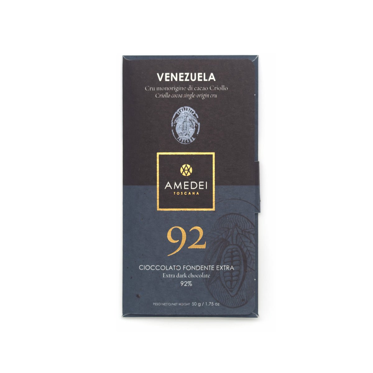 Amedei Venezuela 92% dark chocolate bar packaging on a white background