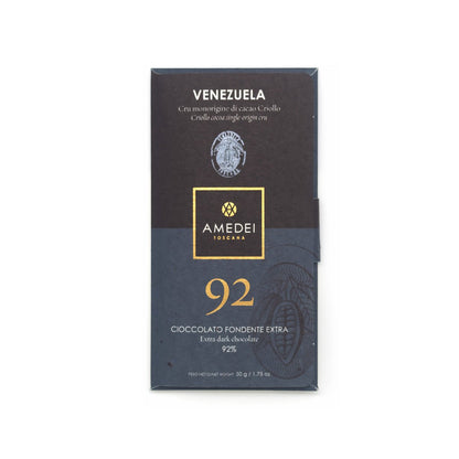 Amedei Venezuela 92% dark chocolate bar packaging on a white background