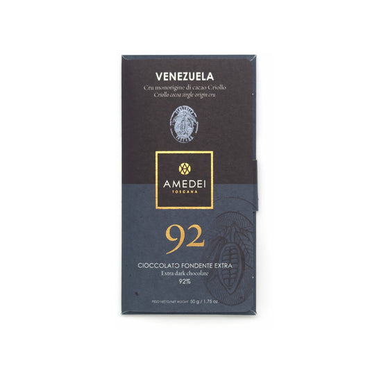 Amedei Venezuela 92% dark chocolate bar packaging on a white background