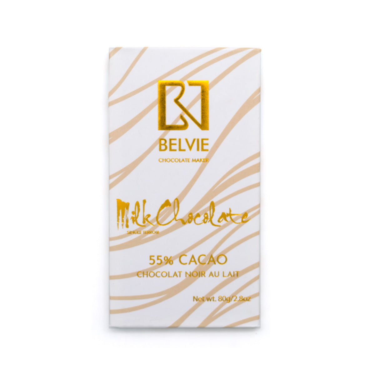 Belvie chocolate bar packaging with gold text on a white background