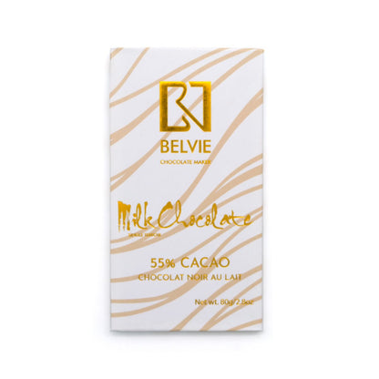 Belvie chocolate bar packaging with gold text on a white background