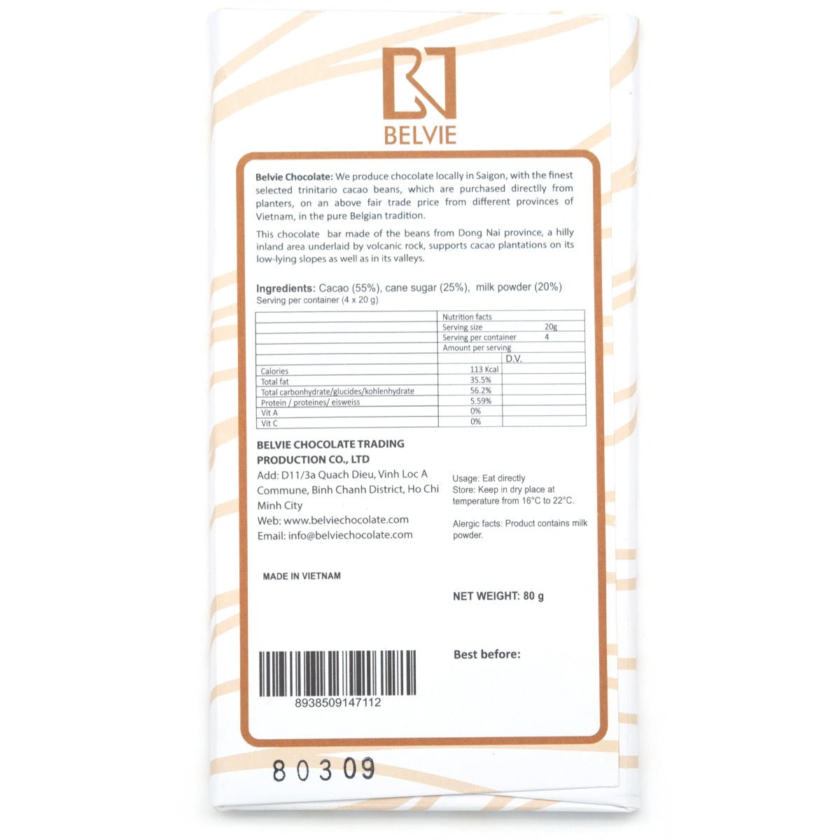 Belvie chocolate packaging with label on a white background