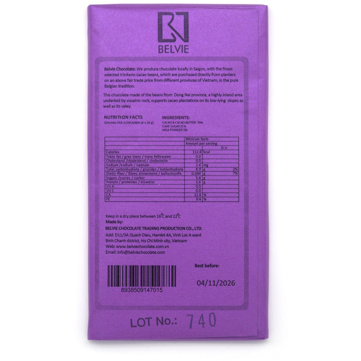 PurpleBellevie chocolate bar packaging with nutritional information and branding on a white background