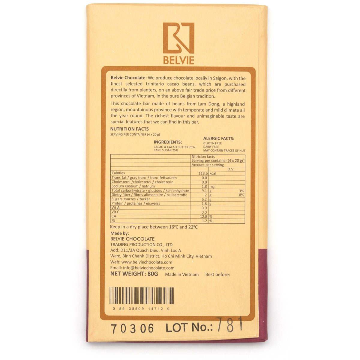 Belvie chocolate bar packaging with nutritional information and branding details.