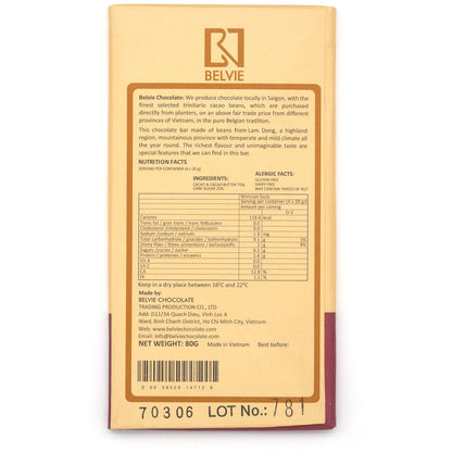 Belvie chocolate bar packaging with nutritional information and branding details.