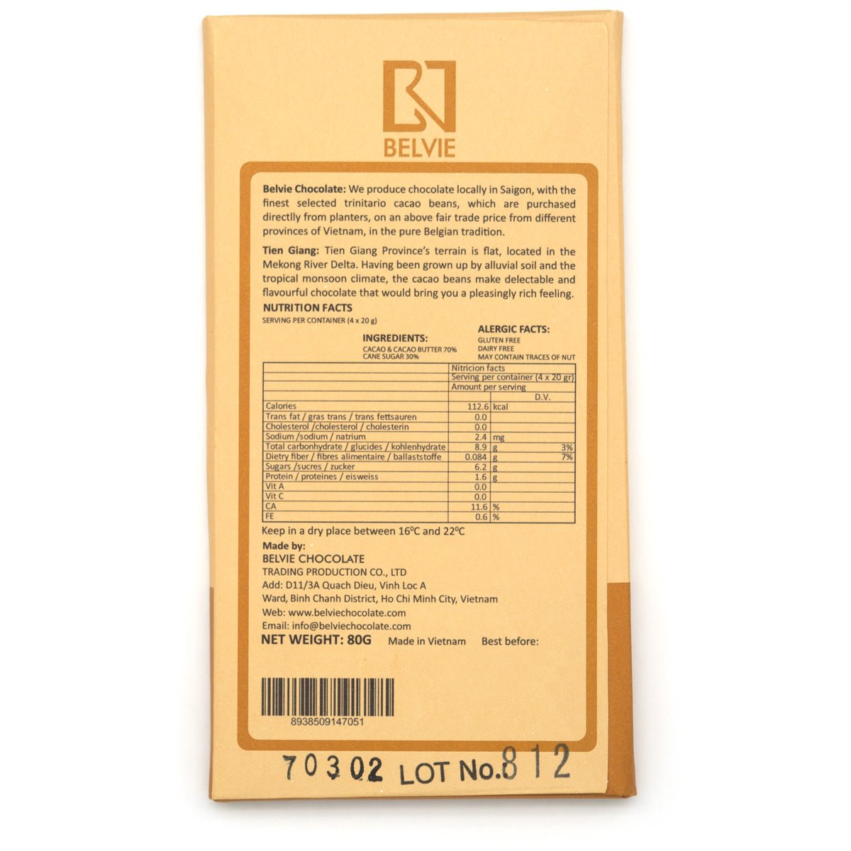 Belvie Tien Giang chocolate bar packaging with nutritional information on a white background