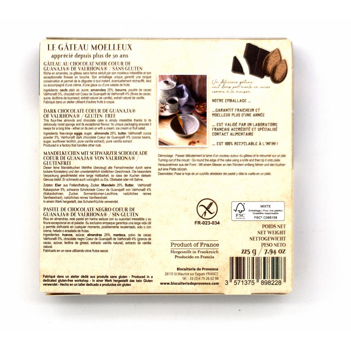 The back of a chocolate cake box packaging, featuring product information in French, a photo of a chocolate cake, and a barcode.