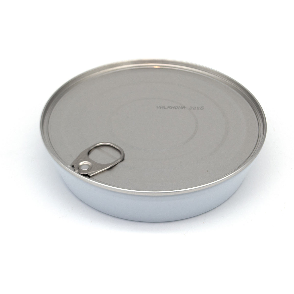 A round metal tin with a pull-tab lid, photographed from above on a clean white background.