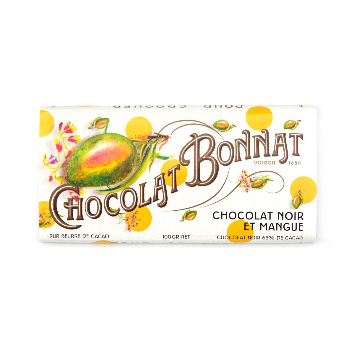 Chocolat Bonnat chocolate bar packaging with mango illustration on a white background