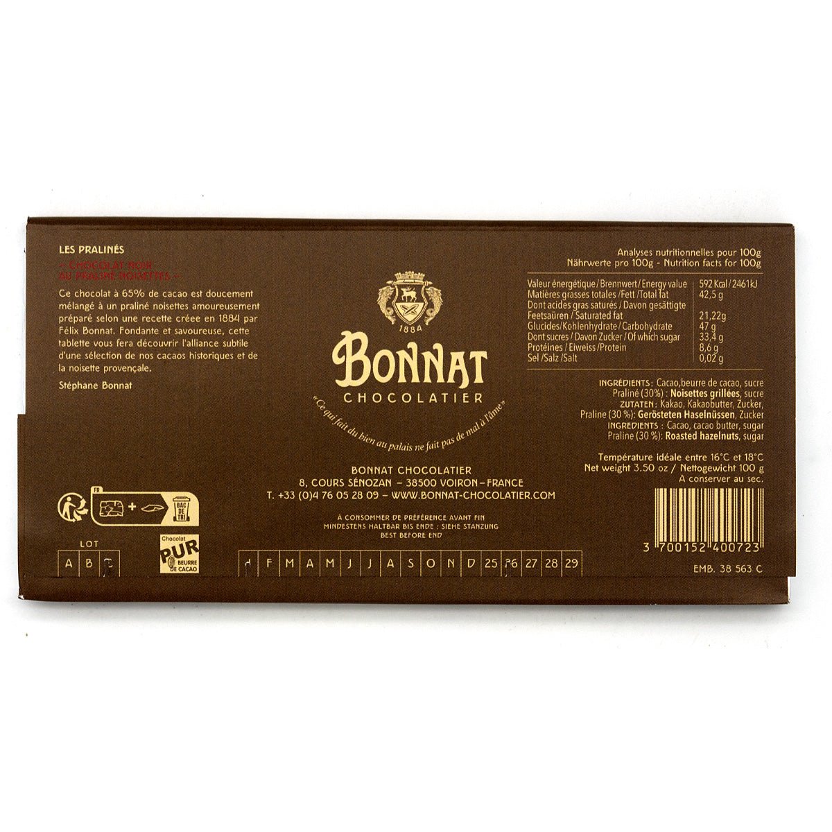 Bonnat chocolate bar packaging with branding and text on a white background